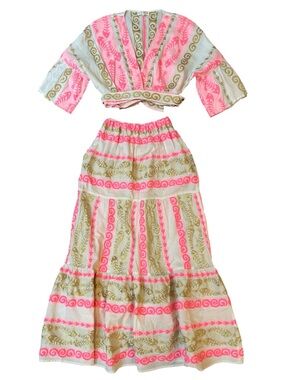 NEMA Beach Wear Crop Top and Maxi Skirt Set Pink Gold Summer Vacation Size S/M